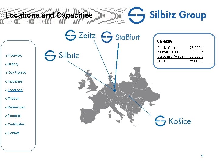 Locations and Capacities Capacity o Overview o History Silbitz Guss Zeitzer Guss Eurocast Košice