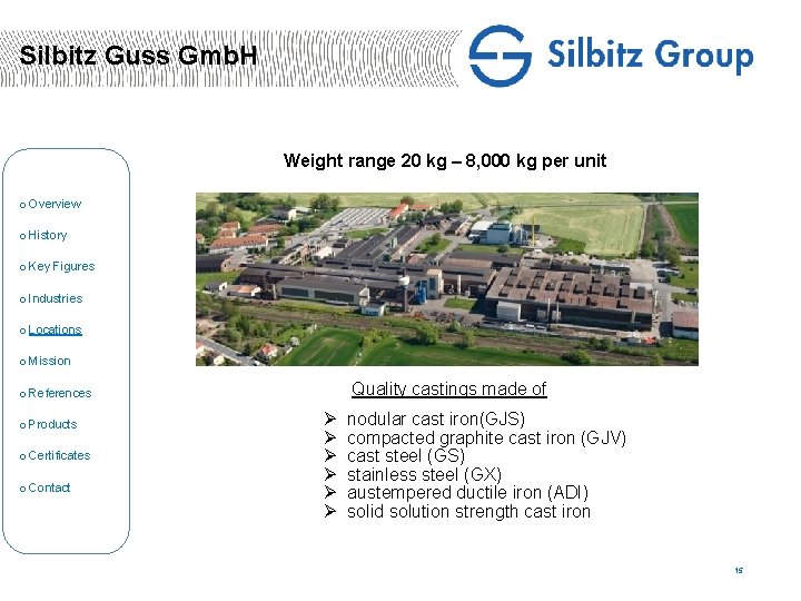 Silbitz Guss Gmb. H Weight range 20 kg – 8, 000 kg per unit