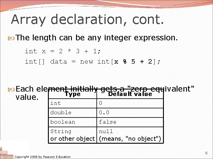 Array declaration, cont. The length can be any integer expression. int x = 2 Array declaration, cont. The length can be any integer expression. int x = 2