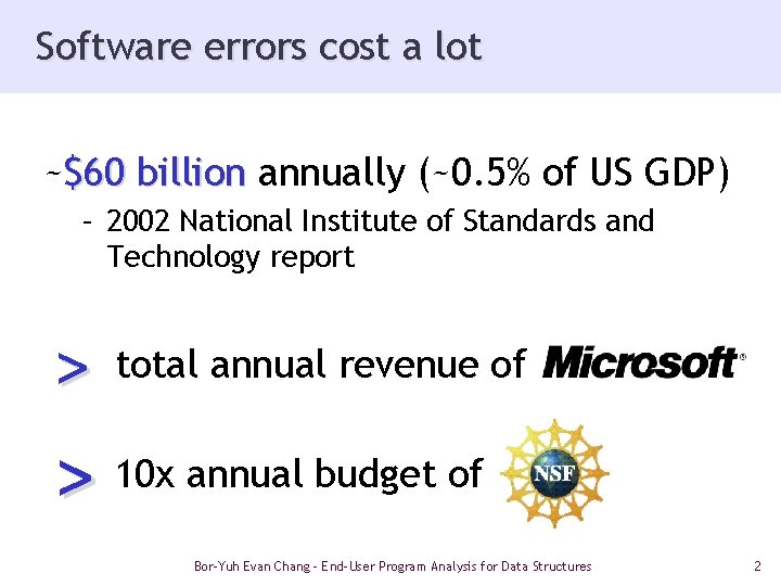 Software errors cost a lot ~$60 billion annually (~0. 5% of US GDP) –