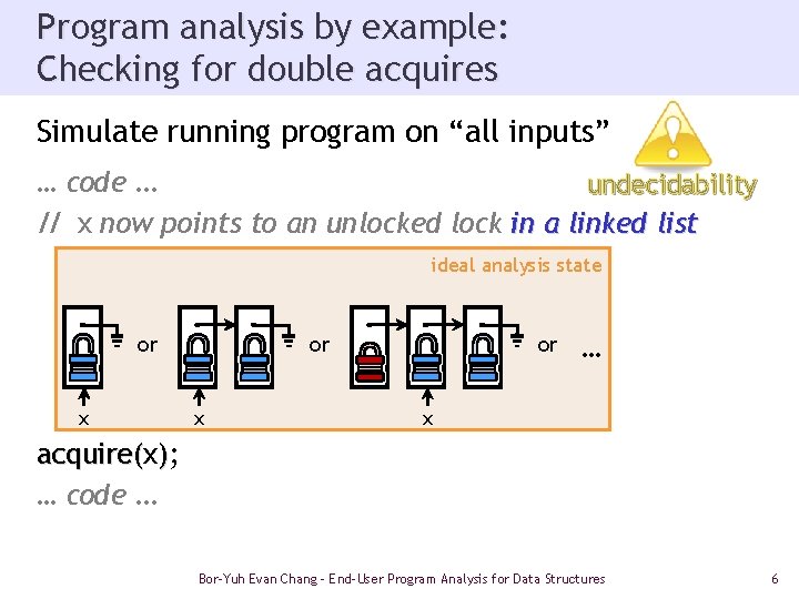 Program analysis by example: Checking for double acquires Simulate running program on “all inputs”