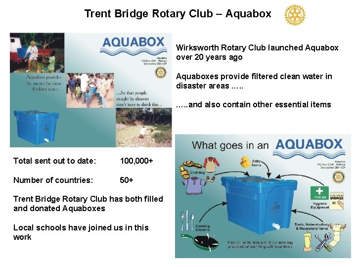Trent Bridge Rotary Club – Aquabox Wirksworth Rotary Club launched Aquabox over 20 years