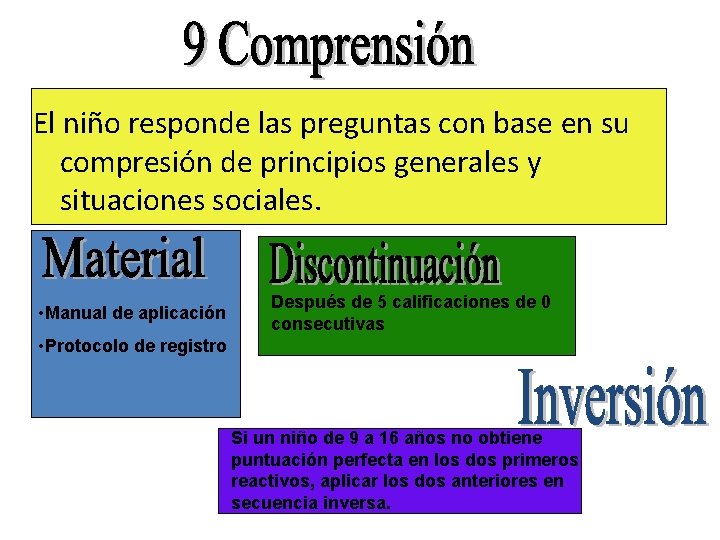 El niño responde las preguntas con base en su compresión de principios generales y