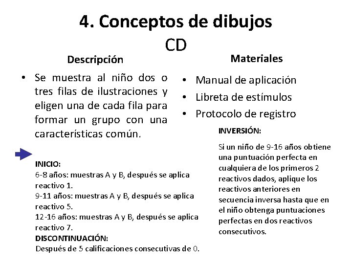 4. Conceptos de dibujos CD Materiales Descripción • Se muestra al niño dos o