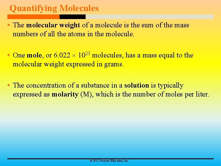 Quantifying Molecules • The molecular weight of a molecule is the sum of the