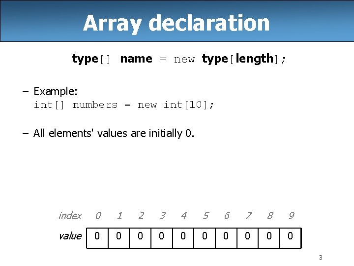 Array declaration type[] name = new type[length]; – Example: int[] numbers = new int[10];