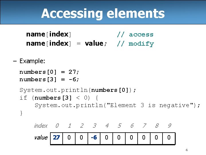 Accessing elements name[index] = value; // access // modify – Example: numbers[0] = 27;