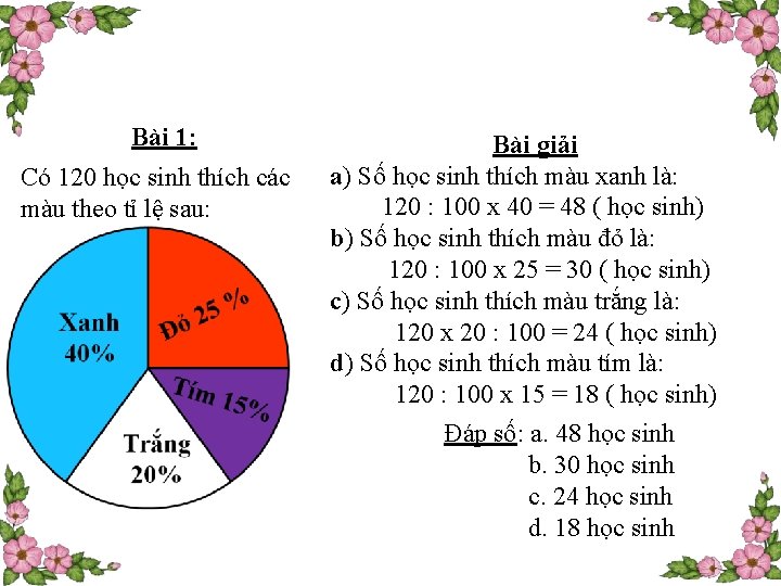 Bài 1: Có 120 học sinh thích các màu theo tỉ lệ sau: Bài