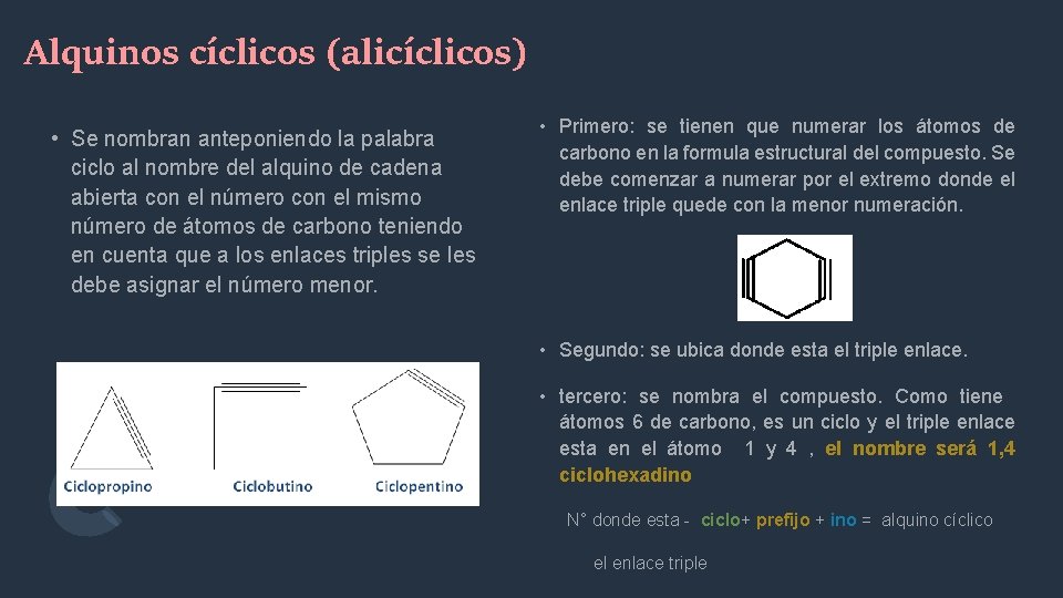 Alquinos cíclicos (alicíclicos) • Se nombran anteponiendo la palabra ciclo al nombre del alquino