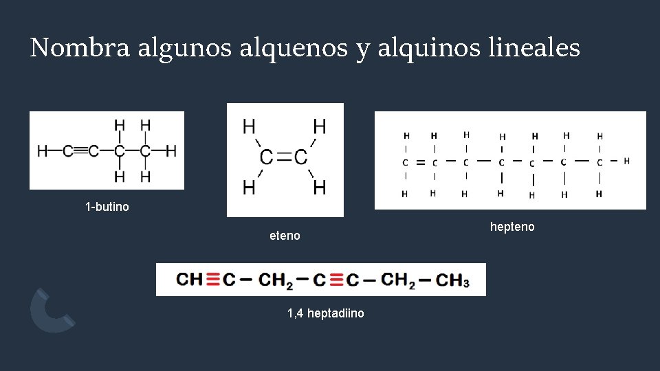 Nombra algunos alquenos y alquinos lineales 1 -butino eteno 1, 4 heptadiino hepteno 