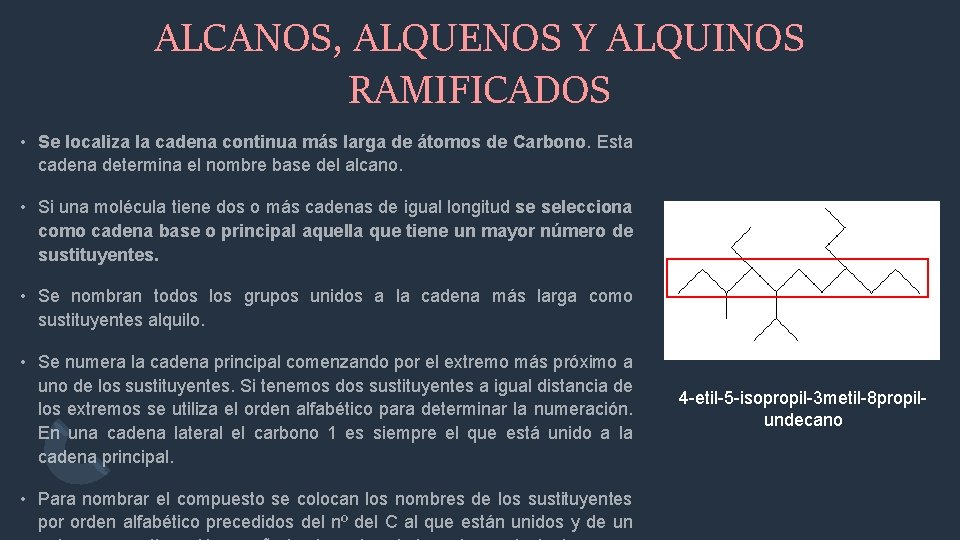 ALCANOS, ALQUENOS Y ALQUINOS RAMIFICADOS • Se localiza la cadena continua más larga de