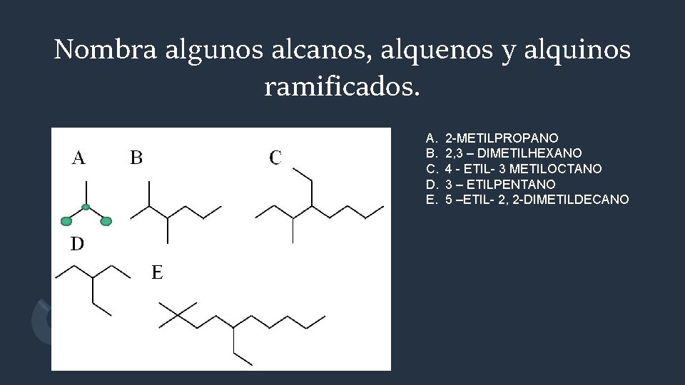 Nombra algunos alcanos, alquenos y alquinos ramificados. A. B. C. D. E. 2 -METILPROPANO