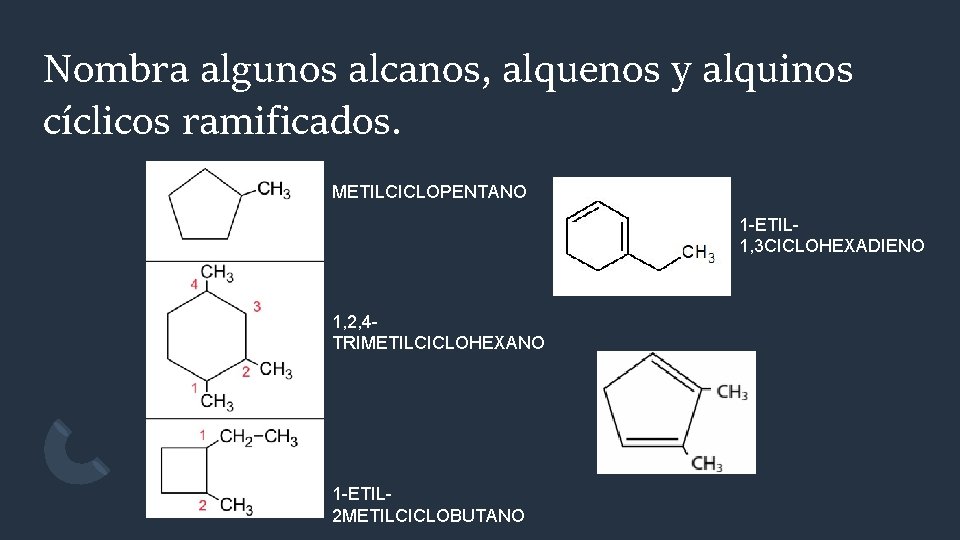 Nombra algunos alcanos, alquenos y alquinos cíclicos ramificados. METILCICLOPENTANO 1 -ETIL 1, 3 CICLOHEXADIENO