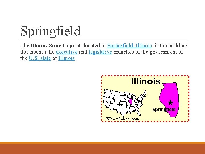 Springfield The Illinois State Capitol, located in Springfield, Illinois, is the building that houses