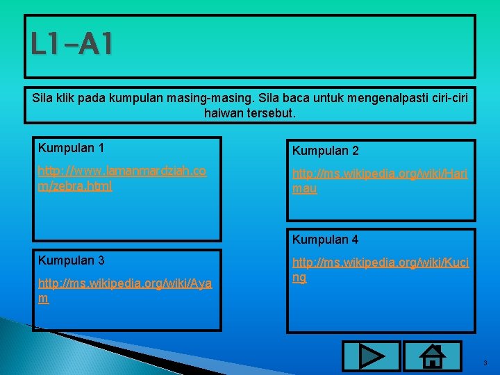 L 1 -A 1 Sila klik pada kumpulan masing-masing. Sila baca untuk mengenalpasti ciri-ciri