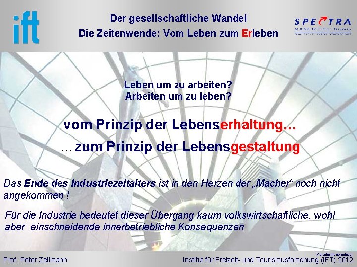 Der gesellschaftliche Wandel Die Zeitenwende: Vom Leben zum Erleben Leben um zu arbeiten? Arbeiten