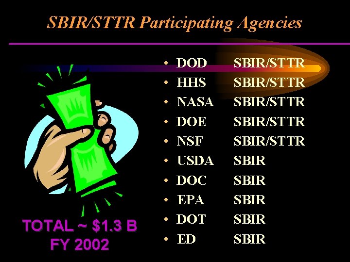 SBIR/STTR Participating Agencies TOTAL ~ $1. 3 B FY 2002 • • • DOD