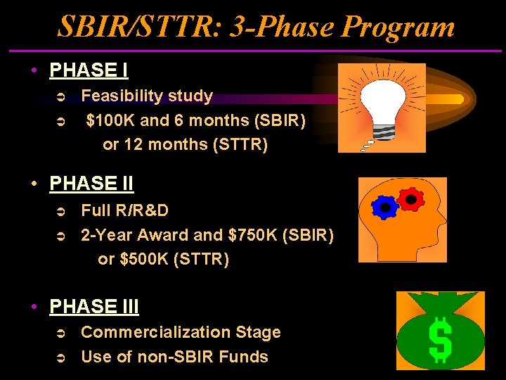 SBIR/STTR: 3 -Phase Program • PHASE I Ü Ü Feasibility study $100 K and