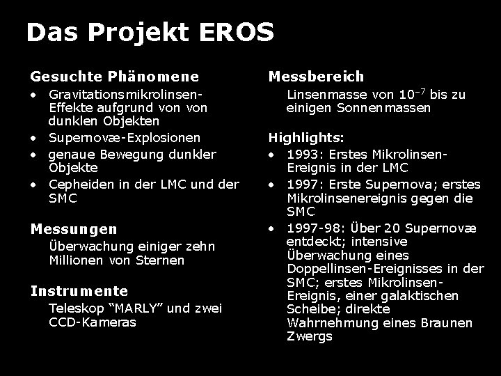 Das Projekt EROS Gesuchte Phänomene • Gravitationsmikrolinsen. Effekte aufgrund von dunklen Objekten • Supernovæ-Explosionen