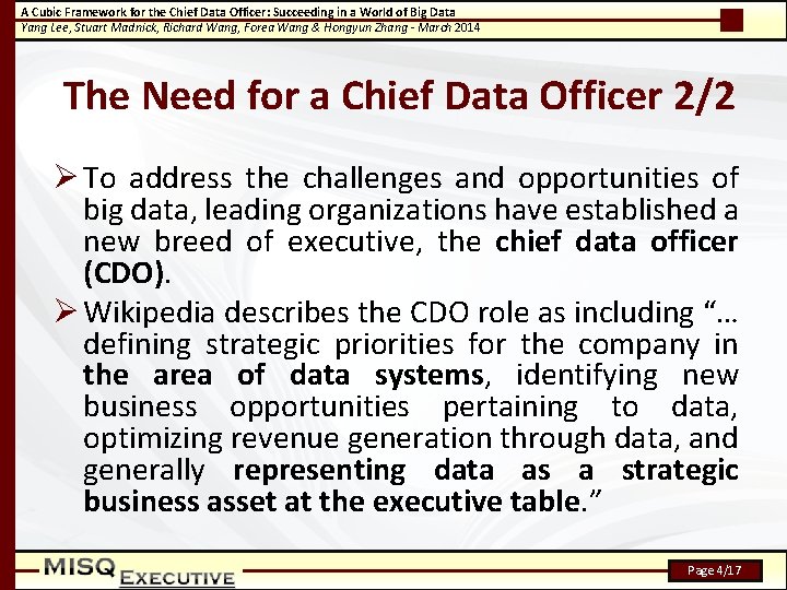 A Cubic Framework for the Chief Data Officer: Succeeding in a World of Big