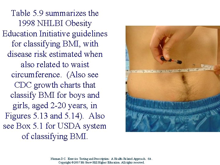 Table 5. 9 summarizes the 1998 NHLBI Obesity Education Initiative guidelines for classifying BMI,