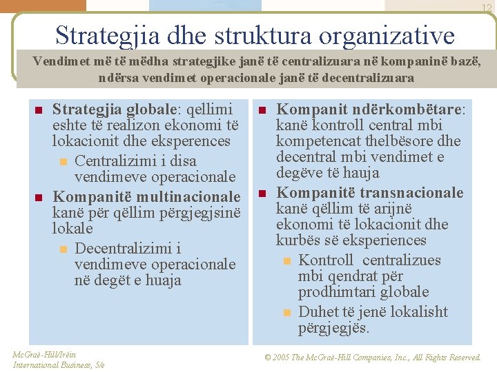 12 Strategjia dhe struktura organizative Vendimet më të mëdha strategjike janë të centralizuara në