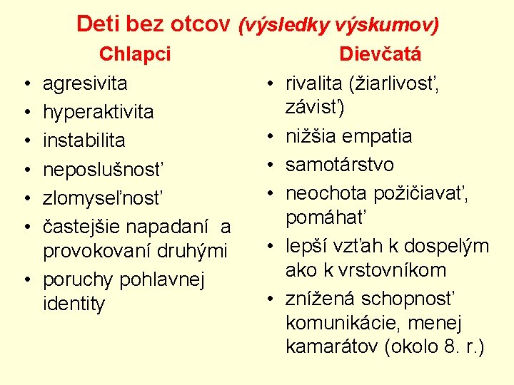 Deti bez otcov (výsledky výskumov) • • Chlapci agresivita hyperaktivita instabilita neposlušnosť zlomyseľnosť častejšie