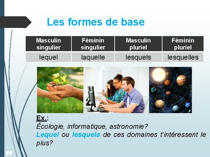 PRONOMS RELATIFS ET INTERROGATIFS VARIABLES laquelle desquels duquel