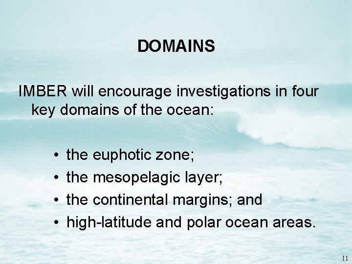 DOMAINS IMBER will encourage investigations in four key domains of the ocean: • •