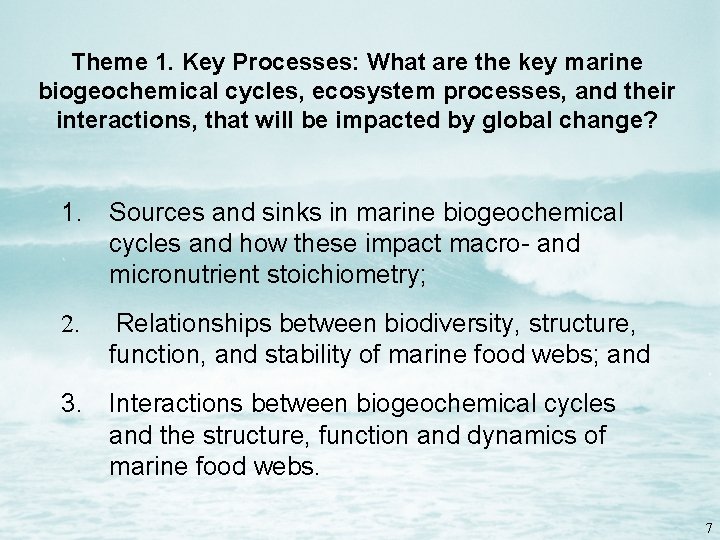 Theme 1. Key Processes: What are the key marine biogeochemical cycles, ecosystem processes, and