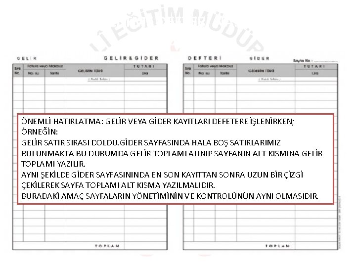 İŞLETME DEFTERİ NASIL TUTULUR? ÖNEMLİ HATIRLATMA: GELİR VEYA GİDER KAYITLARI DEFETERE İŞLENİRKEN; ÖRNEĞİN: GELİR