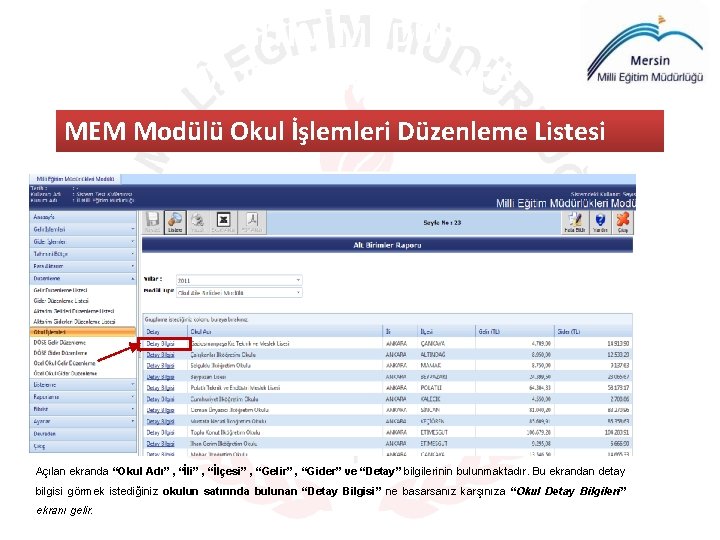 MILLI EĞITIM MÜDÜRLÜKLERI MODÜLÜ ANA SAYFA MEM Modülü Okul İşlemleri Düzenleme Listesi Açılan ekranda