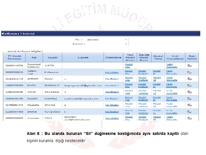 MILLI EĞITIM MÜDÜRLÜKLERI MODÜLÜ ANA SAYFA Alan 6 : Bu alanda bulunan “Sil” düğmesine