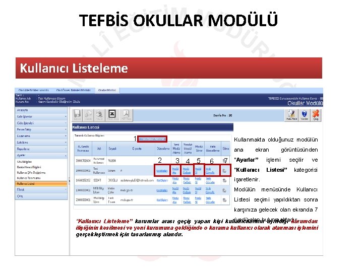 TEFBİS OKULLAR MODÜLÜ Kullanıcı Listeleme 1 Kullanmakta olduğunuz modülün ana 2 3 4 5