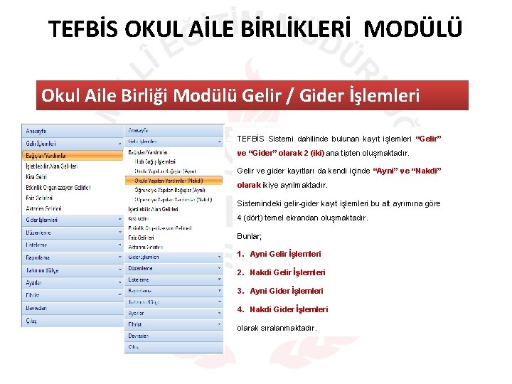 TEFBİS OKUL AİLE BİRLİKLERİ MODÜLÜ Okul Aile Birliği Modülü Gelir / Gider İşlemleri TEFBİS