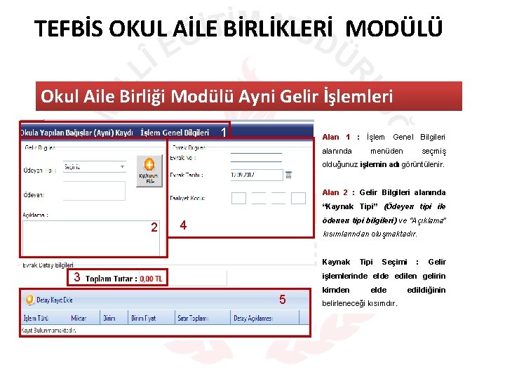TEFBİS OKUL AİLE BİRLİKLERİ MODÜLÜ Okul Aile Birliği Modülü Ayni Gelir İşlemleri 1 Alan