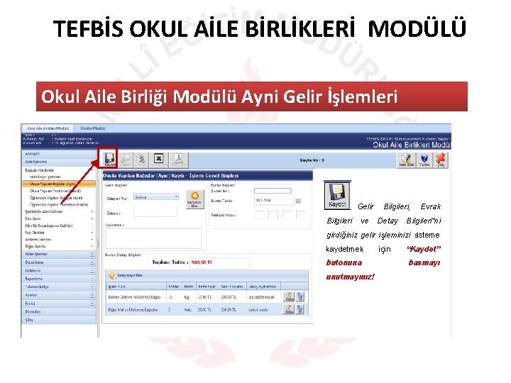 TEFBİS OKUL AİLE BİRLİKLERİ MODÜLÜ Okul Aile Birliği Modülü Ayni Gelir İşlemleri Gelir Bilgileri