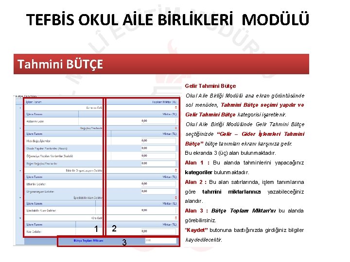 TEFBİS OKUL AİLE BİRLİKLERİ MODÜLÜ Tahmini BÜTÇE Gelir Tahmini Bütçe Okul Aile Birliği Modülü