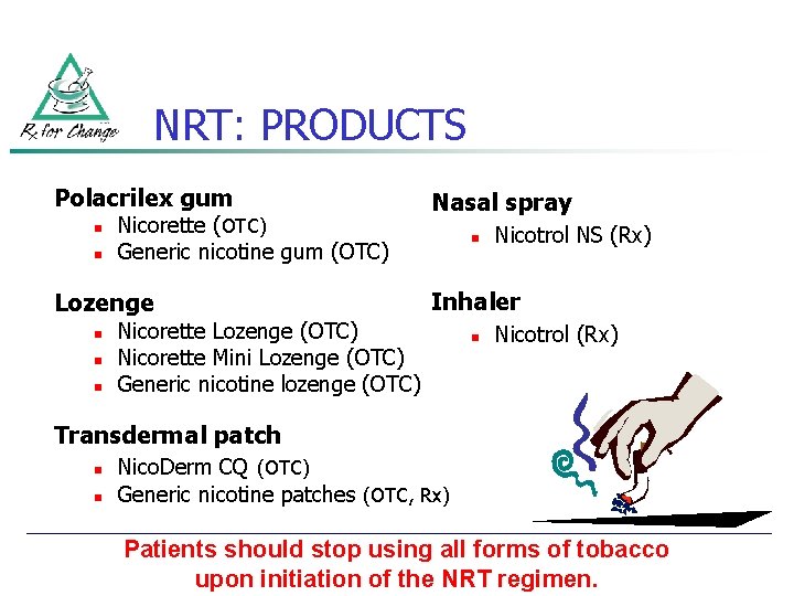 NRT: PRODUCTS Polacrilex gum n n Nicorette (OTC) Generic nicotine gum (OTC) Lozenge n