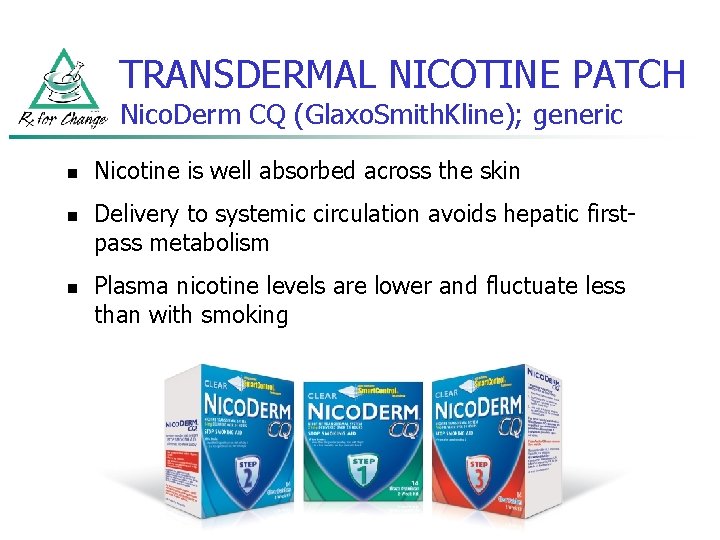 TRANSDERMAL NICOTINE PATCH Nico. Derm CQ (Glaxo. Smith. Kline); generic n n n Nicotine