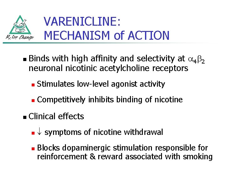 VARENICLINE: MECHANISM of ACTION n n Binds with high affinity and selectivity at 4