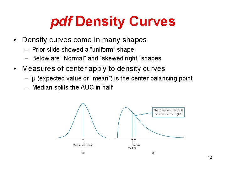 pdf Density Curves • Density curves come in many shapes – Prior slide showed pdf Density Curves • Density curves come in many shapes – Prior slide showed