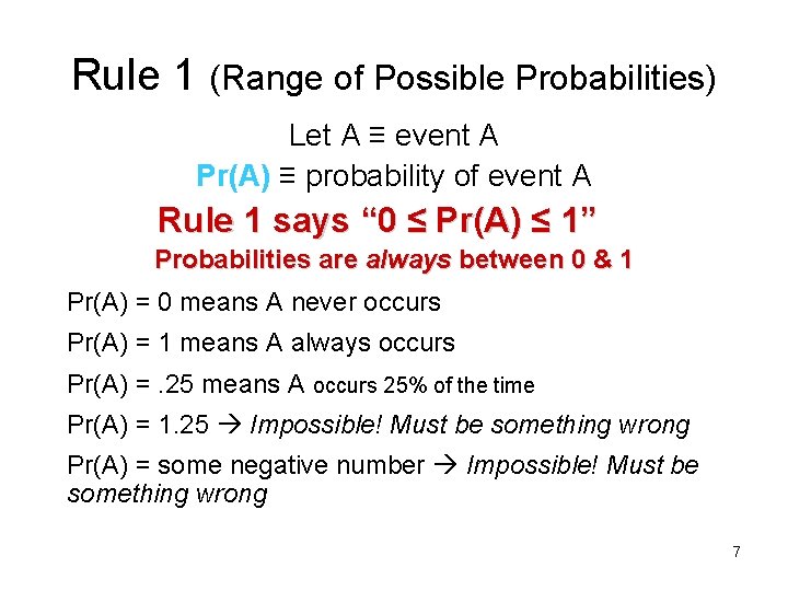 Rule 1 (Range of Possible Probabilities) Let A ≡ event A Pr(A) ≡ probability Rule 1 (Range of Possible Probabilities) Let A ≡ event A Pr(A) ≡ probability
