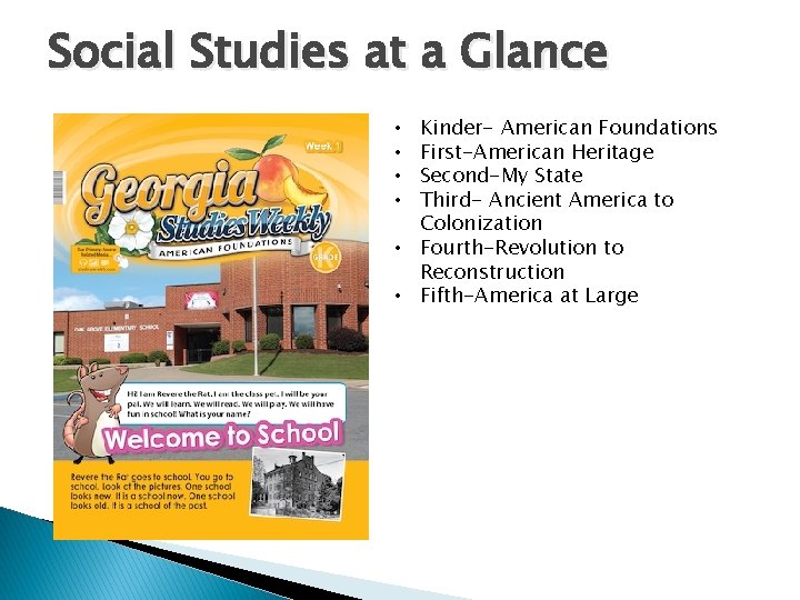 Social Studies at a Glance Kinder- American Foundations First-American Heritage Second-My State Third- Ancient