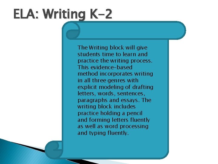 ELA: Writing K-2 The Writing block will give students time to learn and practice