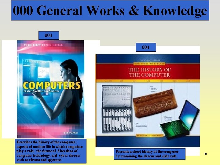 000 General Works & Knowledge 004 Describes the history of the computer; aspects of