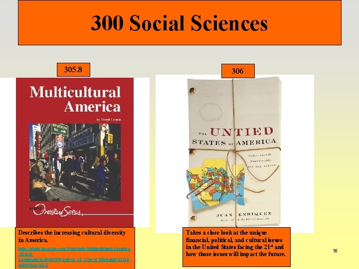 300 Social Sciences 305. 8 Describes the increasing cultural diversity in America. http: //www.