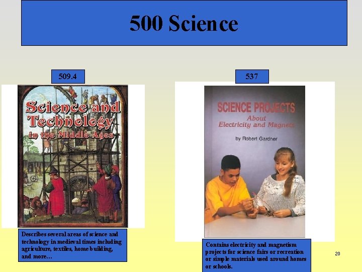 500 Science 509. 4 Describes several areas of science and technology in medieval times