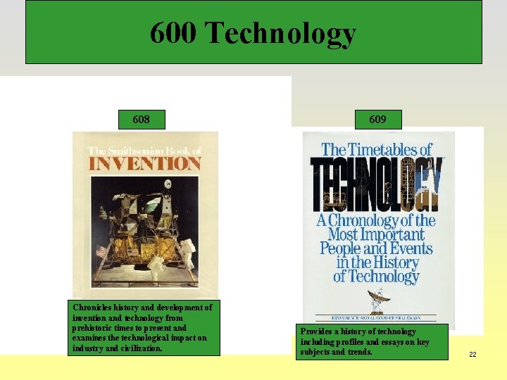 600 Technology 608 Chronicles history and development of invention and technology from prehistoric times