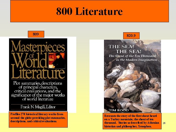 800 Literature 809 Profiles 270 historical literary works from around the globe providing plot